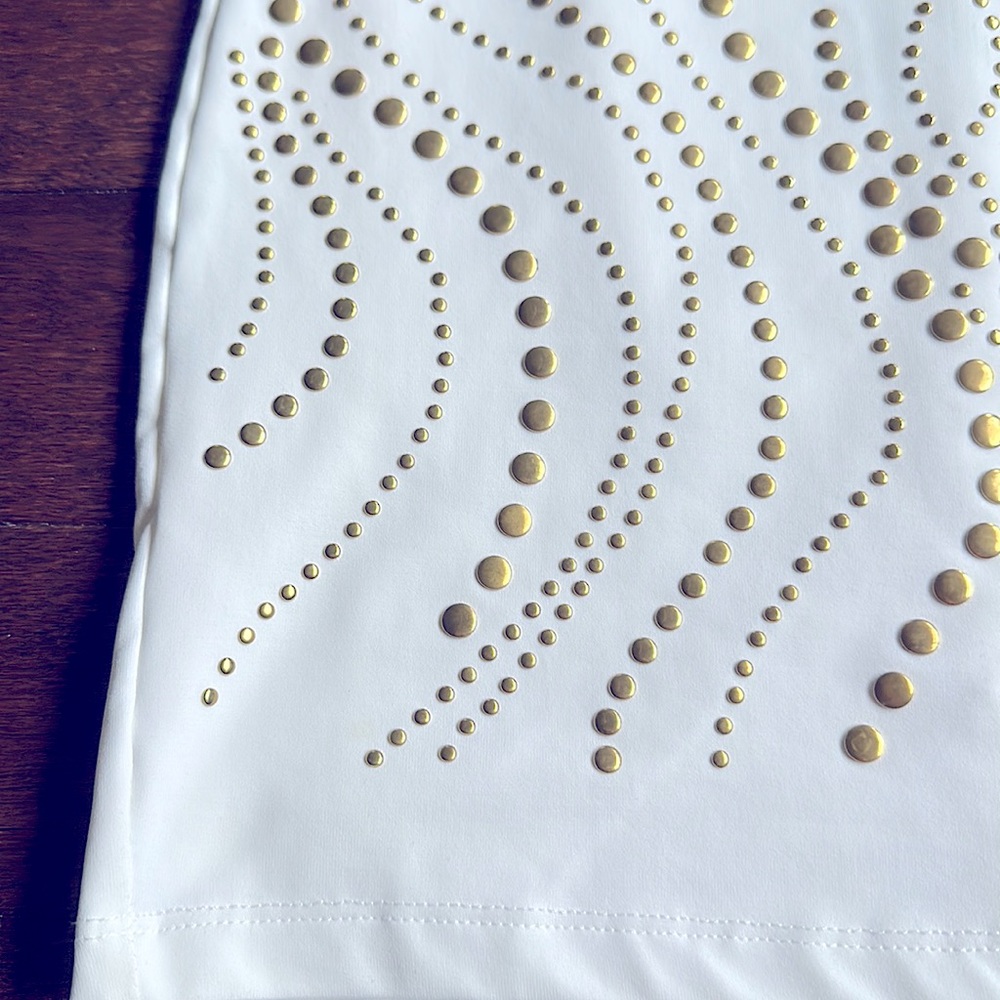 Bebe Bodycon Embellished White Gold Studded One Shoulder Dress S NWT - Picture 3 of 8